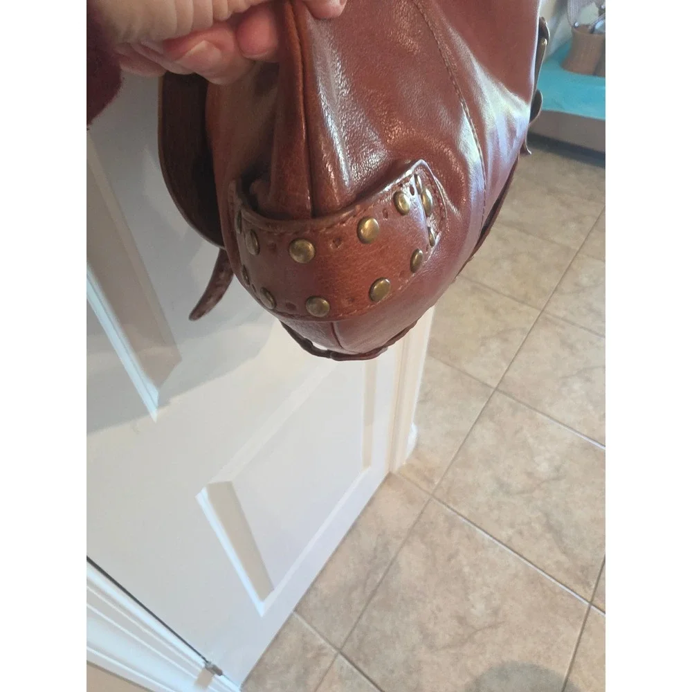Koba Cognac Brown Leather Studded Hobo Shoulder Bag Brass Hardware Boho